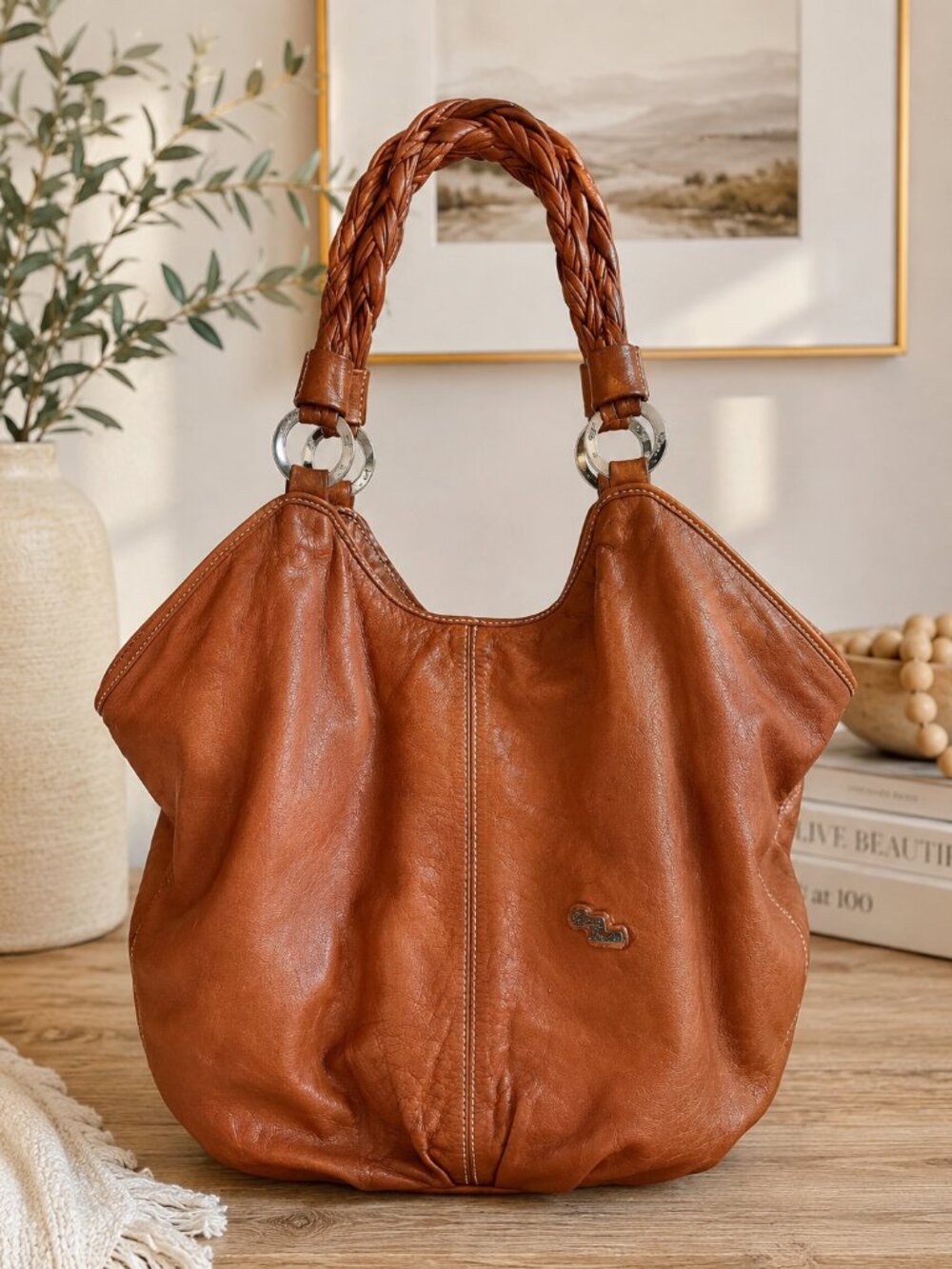 CUOIERIA FIORENTINA Genuine Leather Hobo Tote Braided Handle Cognac Brown Italy
